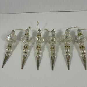 Vintage 6 Faceted Aurora Borealis Acrylic Hand Beaded & Gold Filigree Ornaments